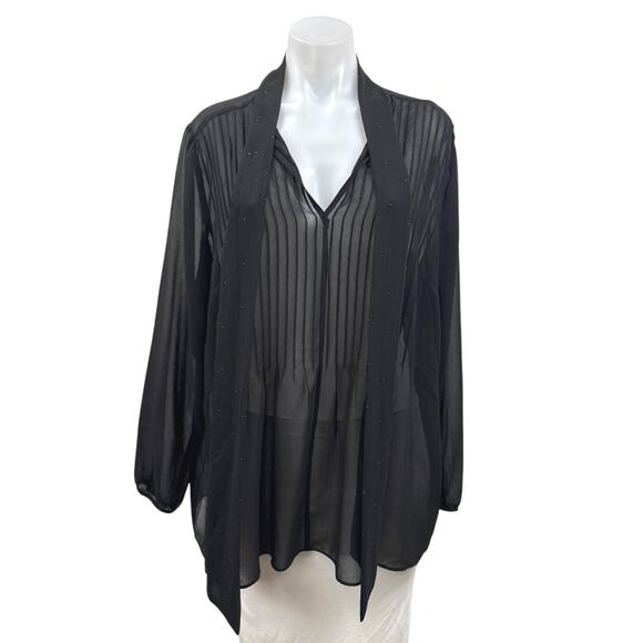 1.State Women's Black Chiffon Pleated Long Sleeve Sheer Tunic Blouse Top Size XL - Picture 1 of 3